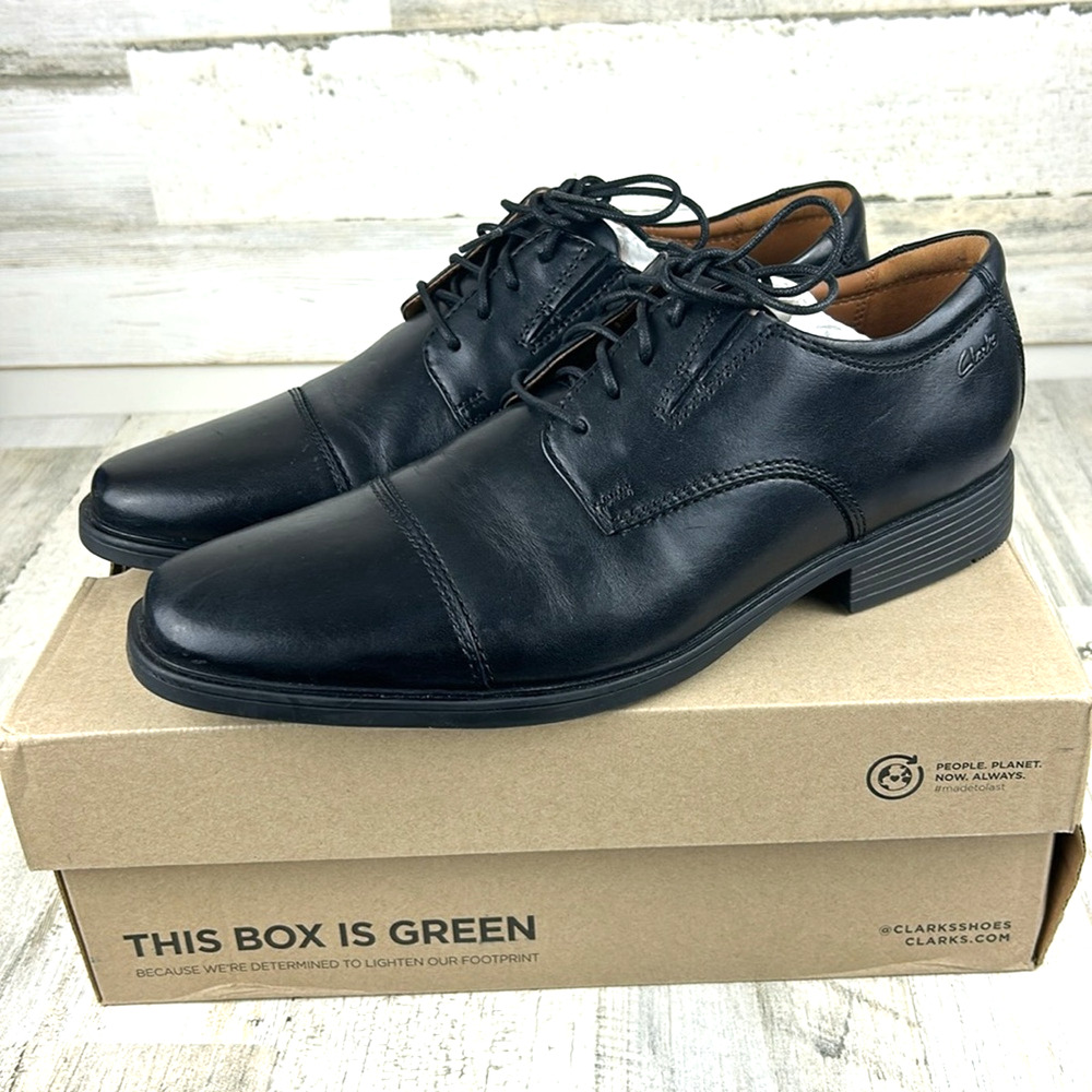 Clarks Tilden Cap Mens 9 Black Leather Oxford Work Dress Shoes NEW Comfort